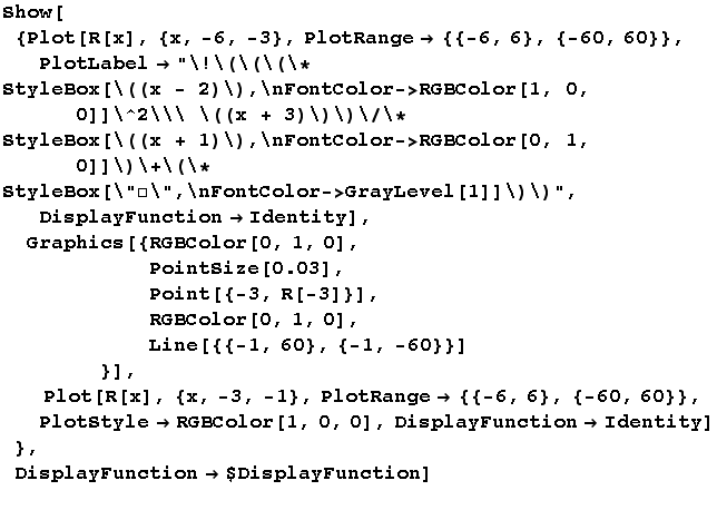 Show[{Plot[R[x], {x, -6, -3}, PlotRange -> {{-6, 6}, {-60, 60}}, PlotLabel -> "\!���� ... t; RGBColor[1, 0, 0], DisplayFunction -> Identity] },  DisplayFunction -> $DisplayFunction] 