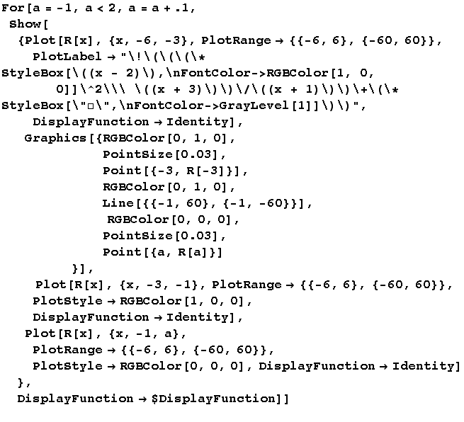 For[a = -1, a < 2, a = a + .1, Show[{Plot[R[x], {x, -6, -3}, PlotRange -> {{-6, 6}, {-60 ... ; RGBColor[0, 0, 0], DisplayFunction -> Identity] },  DisplayFunction -> $DisplayFunction]] 